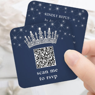 Scan Me RSVP QR Code Quinceañera Kroon Marineblauw Informatiekaartje