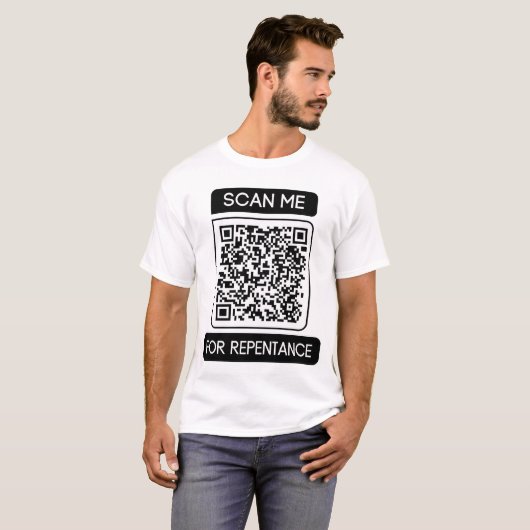 Scan me voor berouw QR-code Unisex T-shirt (Voorkant volledig)