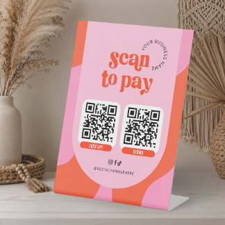 Scan om 2 QR-codes te betalen Groovy Retro Rood en Reclamebord Met Voetstuk