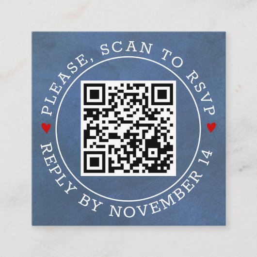 Scan QR-code RSVP met blauwe kleuren en trouwtrouw Informatiekaartje (Voorkant)
