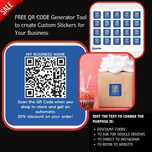 Scan QR-code voor korting CUSTOM BRANDED Blauw Vierkante Sticker