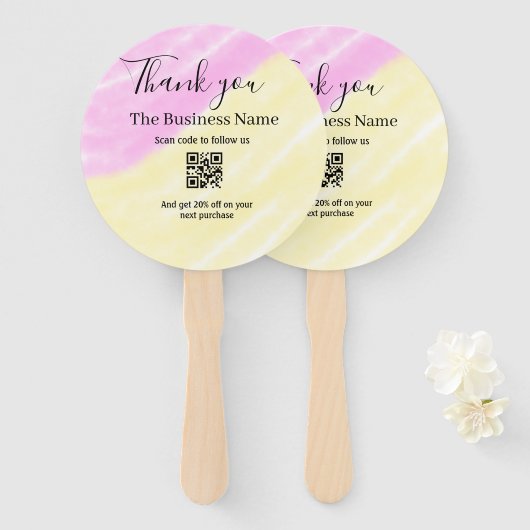 Scan QR om ons te volgen bedank code roze Handwaaier (Voorkant en achterkant)