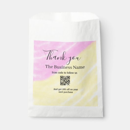 Scan QR om ons te volgen bedankt kortingscode roze Bedankzakje (Voorkant)