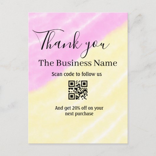 Scan QR om ons te volgen bedankt kortingscode roze Briefkaart (Voorkant)