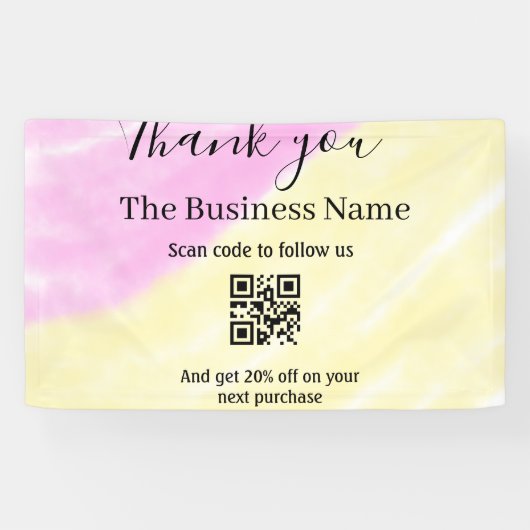 Scan QR om ons te volgen bedankt kortingscode roze Spandoek (Horizontaal)