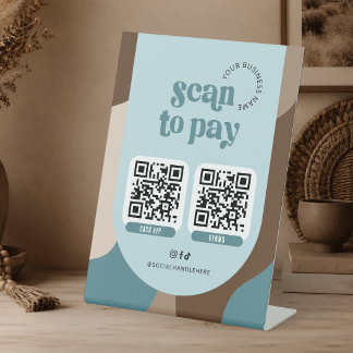Scan To Pay 2 QR-codes Groovy Retro Turquoise & Be Reclamebord Met Voetstuk