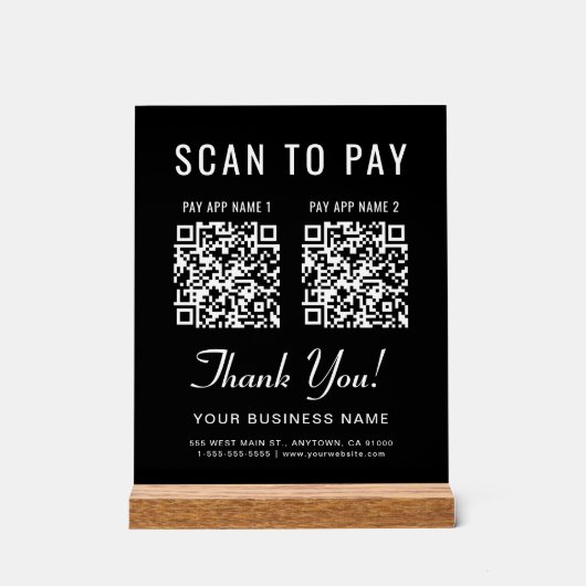 Scan to Pay 2 QR Codes Tabletop Black Acryl Bord (Voorkant)