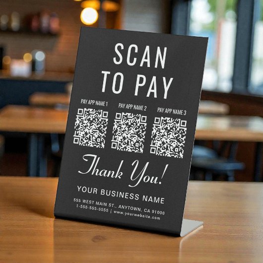 Scan to Pay 3 QR Codes Black Tabletop Reclamebord Met Voetstuk