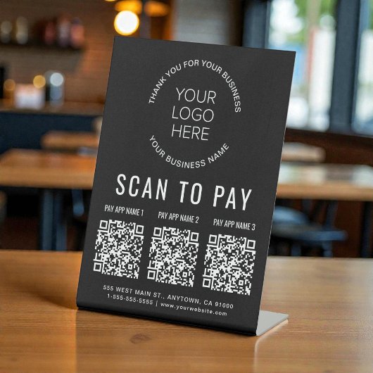 Scan to Pay 3 QR Codes Business Logo Black Reclamebord Met Voetstuk