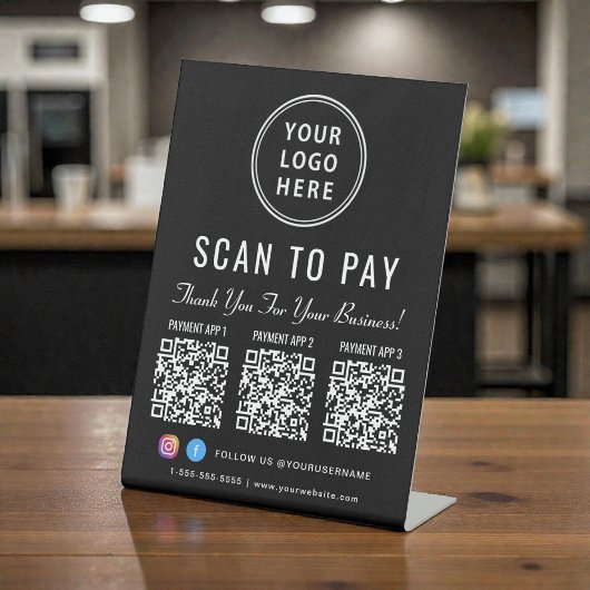 Scan to Pay 3 QR Codes Business Logo Reclamebord Met Voetstuk