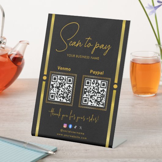 Scan to Pay Black & Gold Logo Payment QR Codes Reclamebord Met Voetstuk (Insitu)