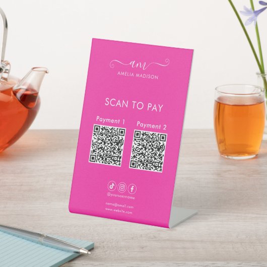 Scan To Pay Business Qr Code Vibrant Pink Reclamebord Met Voetstuk (Insitu)