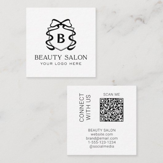 Scanbare QR-code moderne zwart-wit salon Vierkante Visitekaartje (Voorkant / Achterkant)