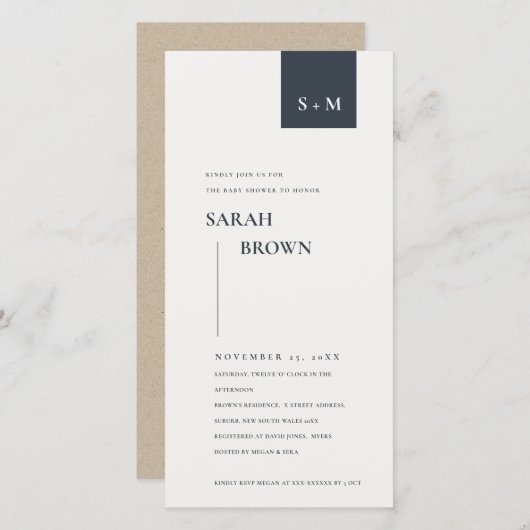 SCANDI BLACK EN WITTE MONOGRAM BABY SHOWER INVITE BEDANKKAART (Voorkant / Achterkant)