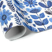 Scandi blauw bloemenpatroon cadeaupapier (Rol Hoek)