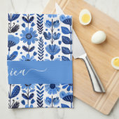 Scandi blauw bloemenschrift naam theedoek (Quarter Fold)