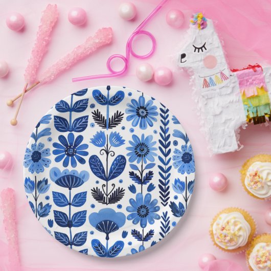 Scandi blauw bloemig papieren bordje (Feest)