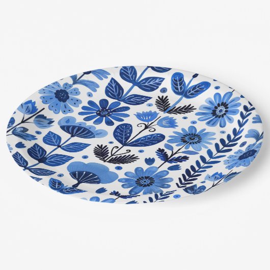 Scandi blauw bloemig papieren bordje (Gekanteld)