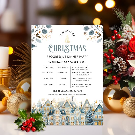 Scandi Blauwe Progressieve Kerst Dinner Party Kaart