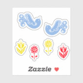 Scandi Blue Bird Rood Geel Bloemen Sticker (Vel)