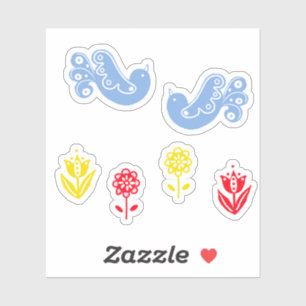 Scandi Blue Bird Rood Geel Bloemen Sticker