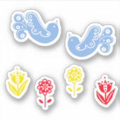 Scandi Blue Bird Rood Geel Bloemen Sticker (Voorkant)