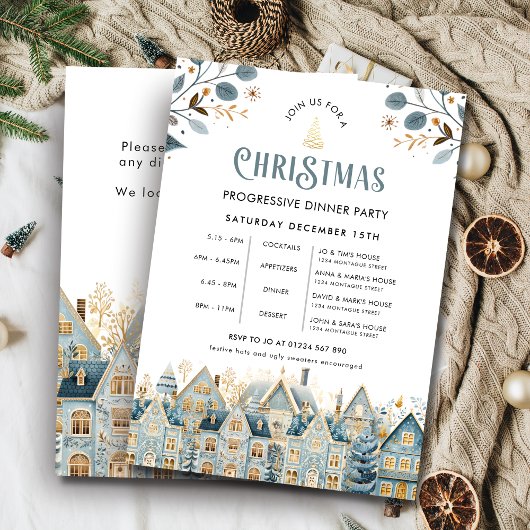 Scandi Blue Progressive Christmas Dinner Party Kaart