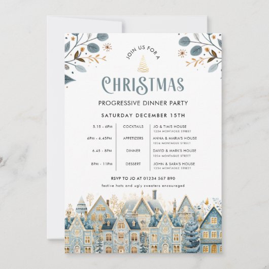 Scandi Blue Progressive Christmas Dinner Party Kaart (Voorkant)