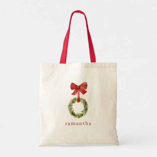 Scandi Christmas Wreath Red Bow Aangepaste naam Tote Bag (Achterkant)