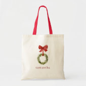 Scandi Christmas Wreath Red Bow Aangepaste naam Tote Bag (Voorkant)
