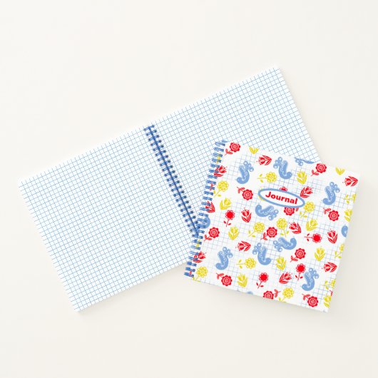 Scandi Ditsy Blue Bird Red Yellow Flower Journal Notitieboek (Binnen)