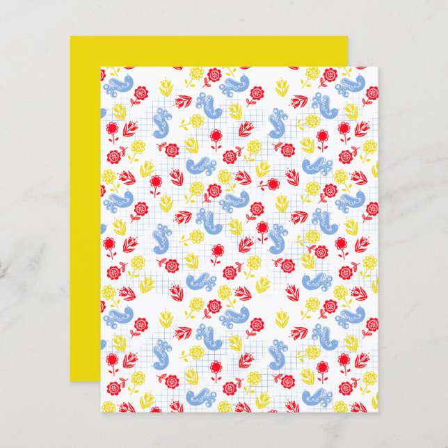 Scandi Ditsy Blue Bird Red Yellow Flower Scrapbook (Voorkant / Achterkant)
