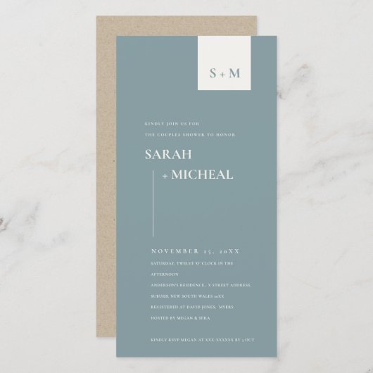 SCANDI DUSKY BLUE MONOGRAM KOUPLY SHOWER INVITE BEDANKKAART (Voorkant / Achterkant)