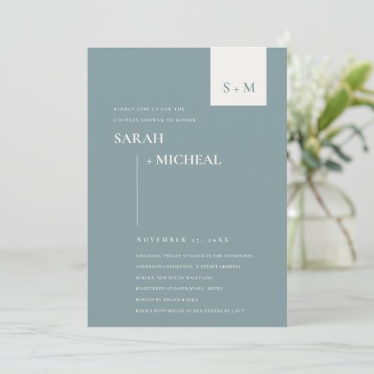 SCANDI DUSKY BLUE MONOGRAM KOUPLY SHOWER INVITE BEDANKKAART (Staand voorkant)