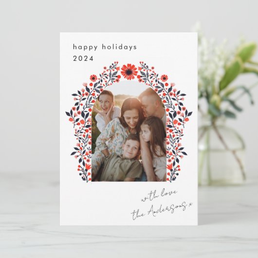 Scandi Floral Arch Kerstvakantie Foto Kaart (Staand voorkant)