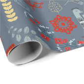 Scandi Folk Art Birds Planten Flowers Red WR Cadeaupapier (Rol Hoek)