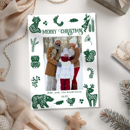 Scandi Folk Art Forest Woodland Animals Bird Photo Feestdagenkaart