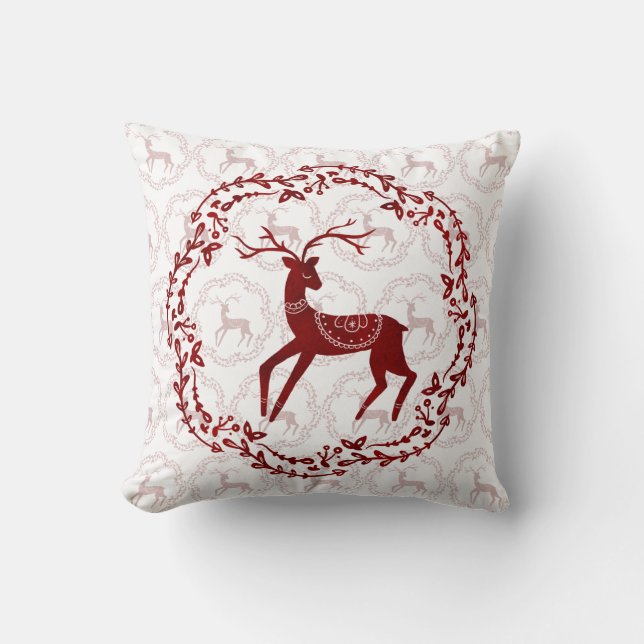 Scandi Folk Art kerststijl Deer & Birds Kussen (Voorkant)