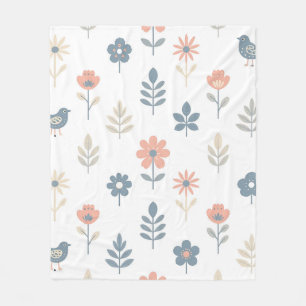 Scandi Folk Bloemen Vogels Patroon Fleece Deken