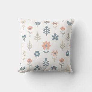 Scandi Folk Bloemen Vogels Patroon Kussen