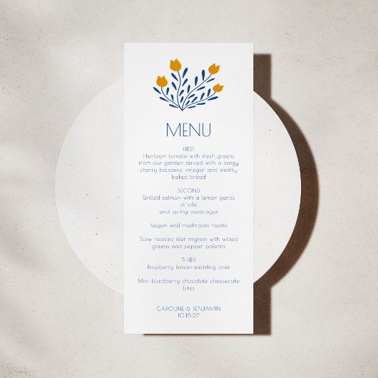 Scandi Folk Flowers Blue Yellow Custom Wedding Menu