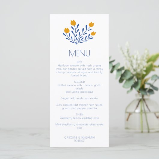 Scandi Folk Flowers Blue Yellow Custom Wedding Menu (Staand voorkant)
