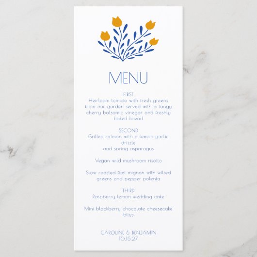 Scandi Folk Flowers Blue Yellow Custom Wedding Menu (Voorkant)