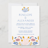 Scandi Folk Flowers in Blue and Yellow Wedding Kaart (Voorkant)