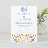 Scandi Folk Flowers in Blue and Yellow Wedding Kaart (Staand voorkant)
