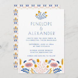 Scandi Folk Flowers in Blue and Yellow Wedding Kaart