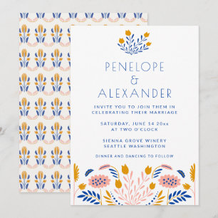 Scandi Folk Flowers in Blue and Yellow Wedding Kaart
