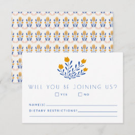Scandi Folk Flowers in Blue and Yellow Wedding RSVP Kaartje
