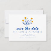 Scandi Folk Flowers in Blue and Yellow Wedding Save The Date (Voorkant)