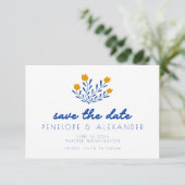 Scandi Folk Flowers in Blue and Yellow Wedding Save The Date (Staand voorkant)